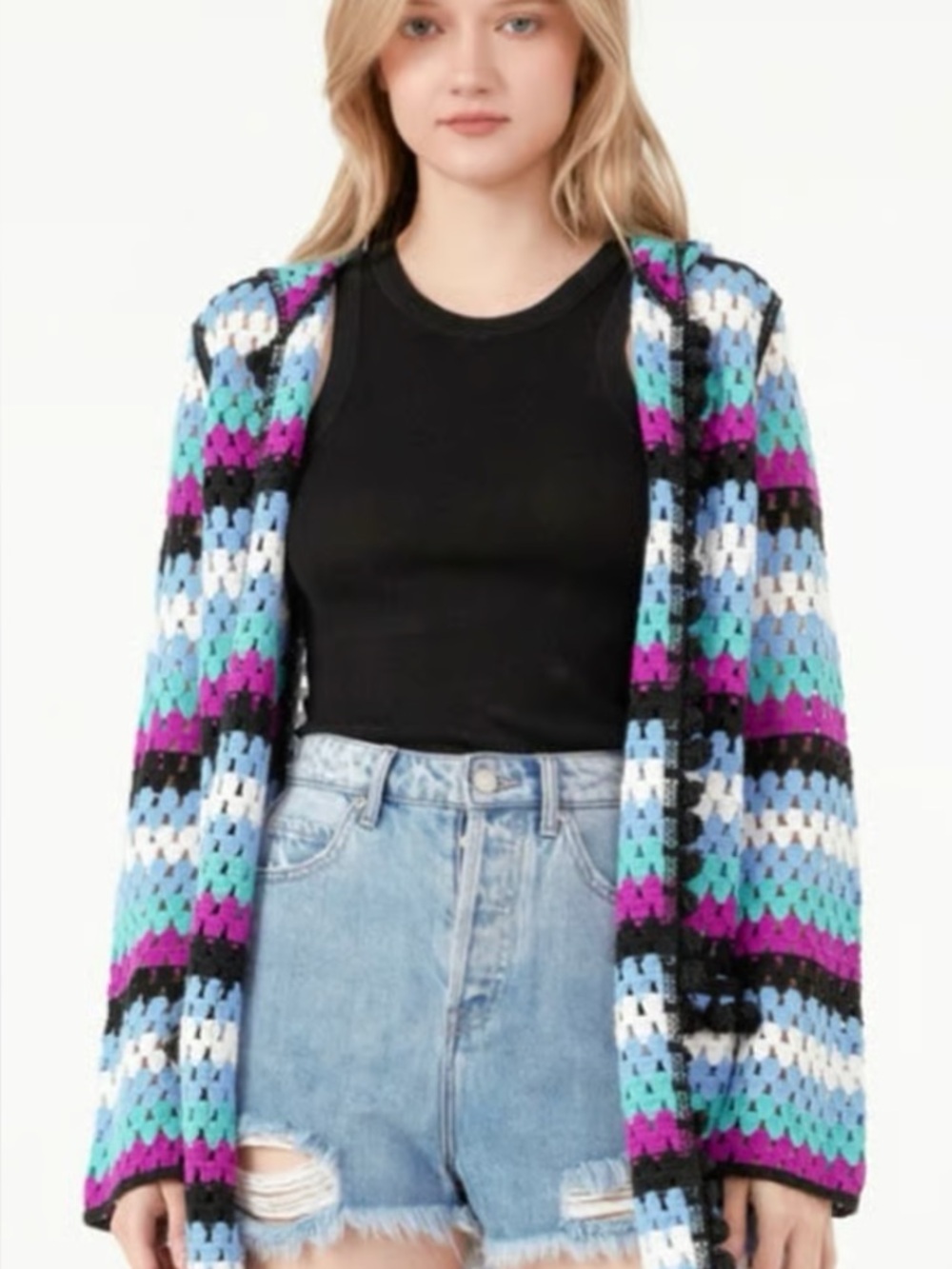 Free the Roses Crochet Open Cardigan - Black, White, Purple, Teal, Blue - Anthro